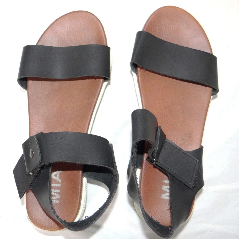 MIA Womens Black Faux Leather Platform Sandals‎ Ankle Strap Hook Loop Size 5.5